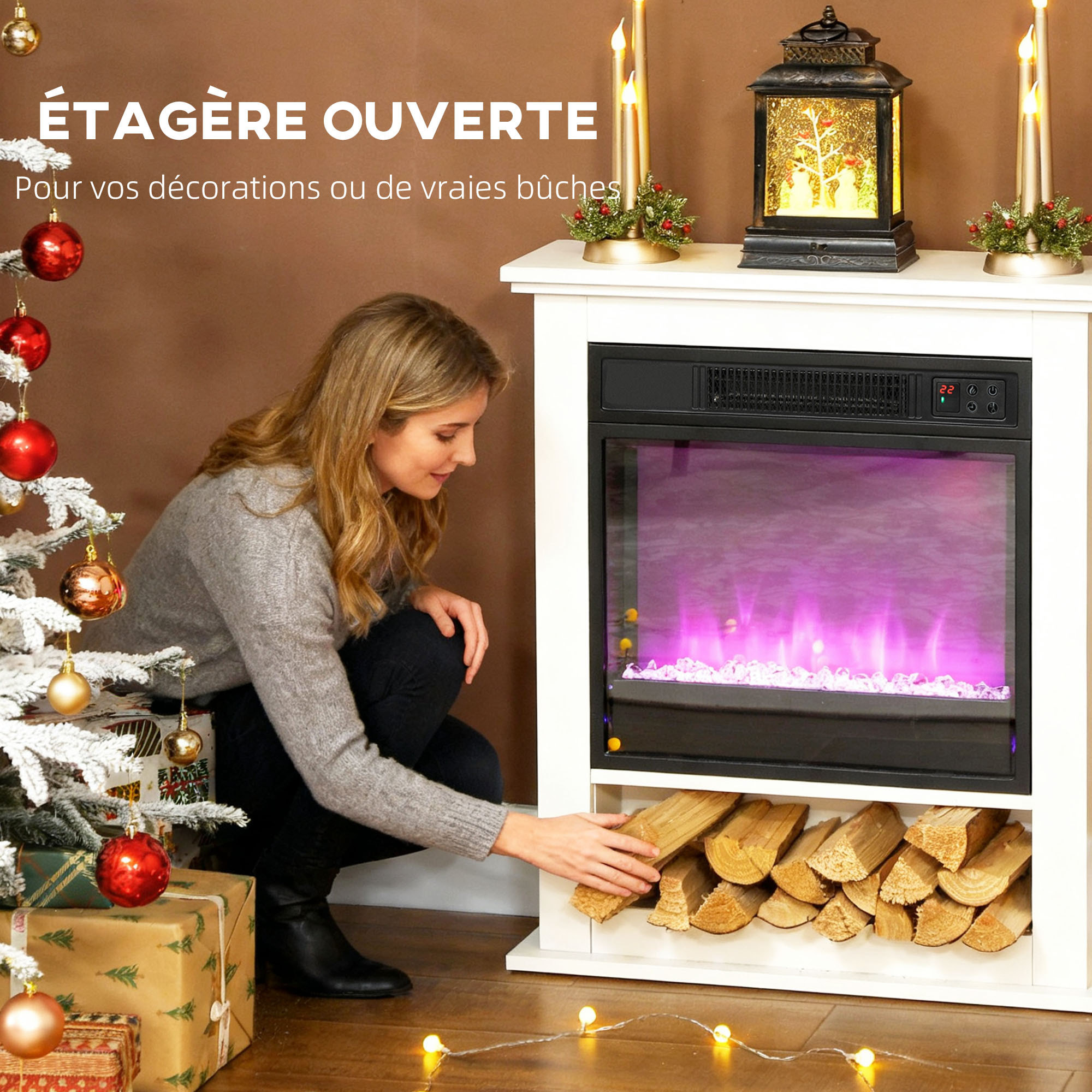 Cheminée électrique LED multicolore design classique niche rangement télécommande blanc noir