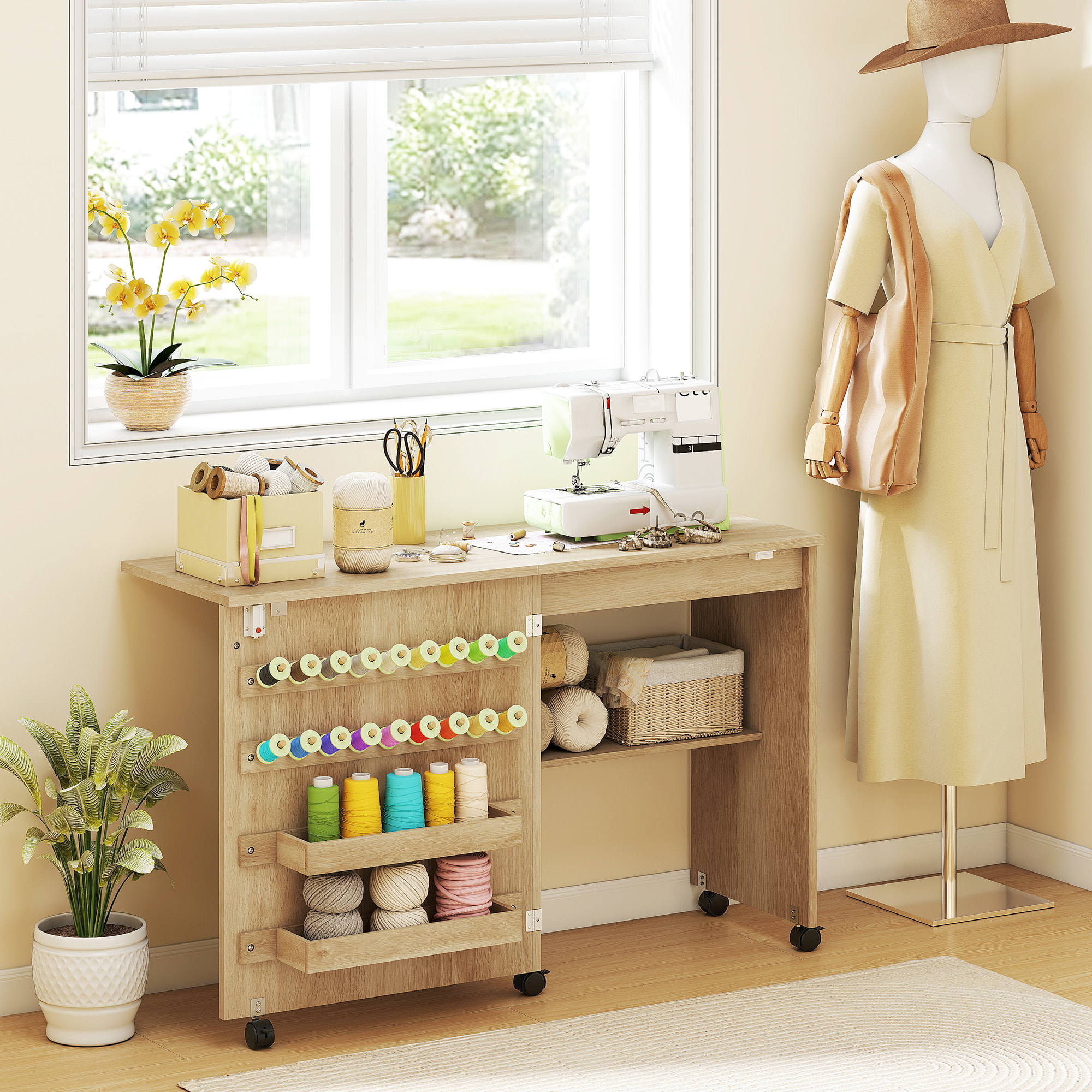 Table de couture pliable mobile 2 bacs 18 porte-bobines étagère naturel
