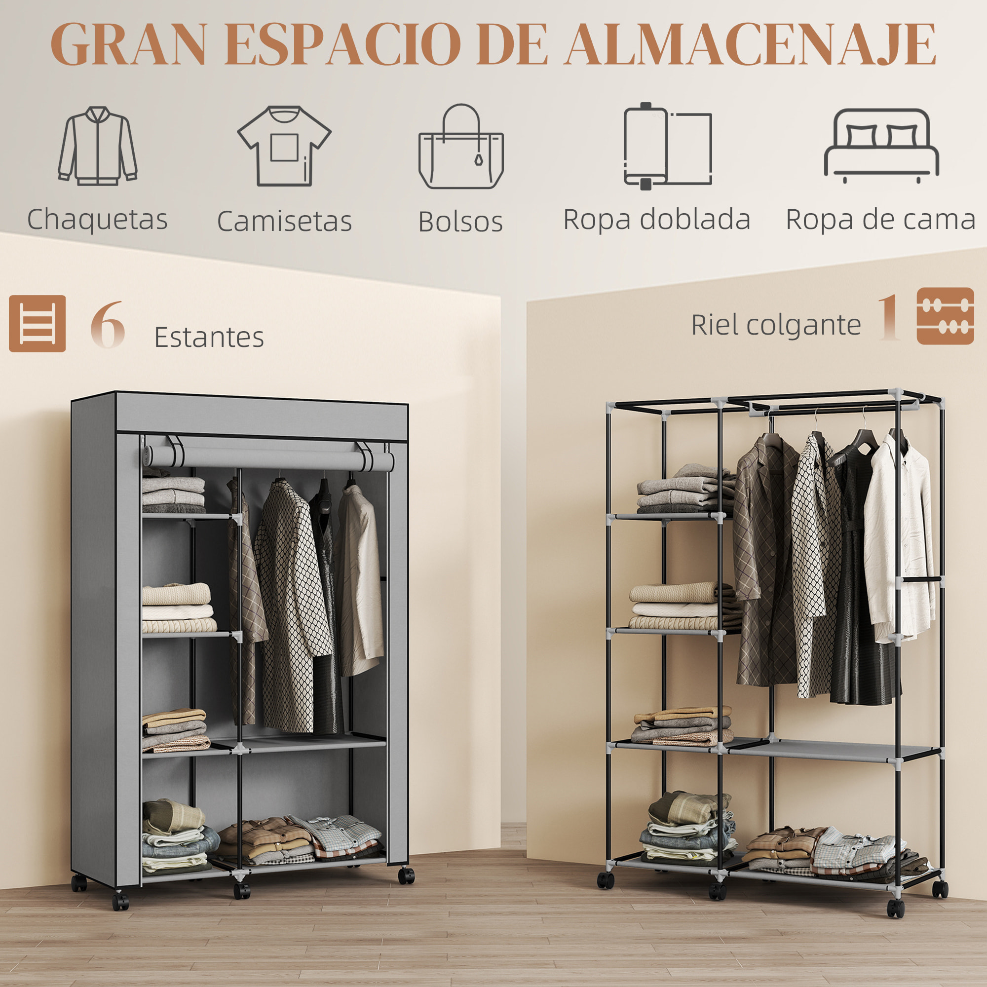 Armario de Tela con Ruedas, Armario Portátil, con Barra para Colgar, 6 Estantes, Marco de Acero, para Dormitorio, Vestidor, 103x43x162,5 cm, Gris Claro