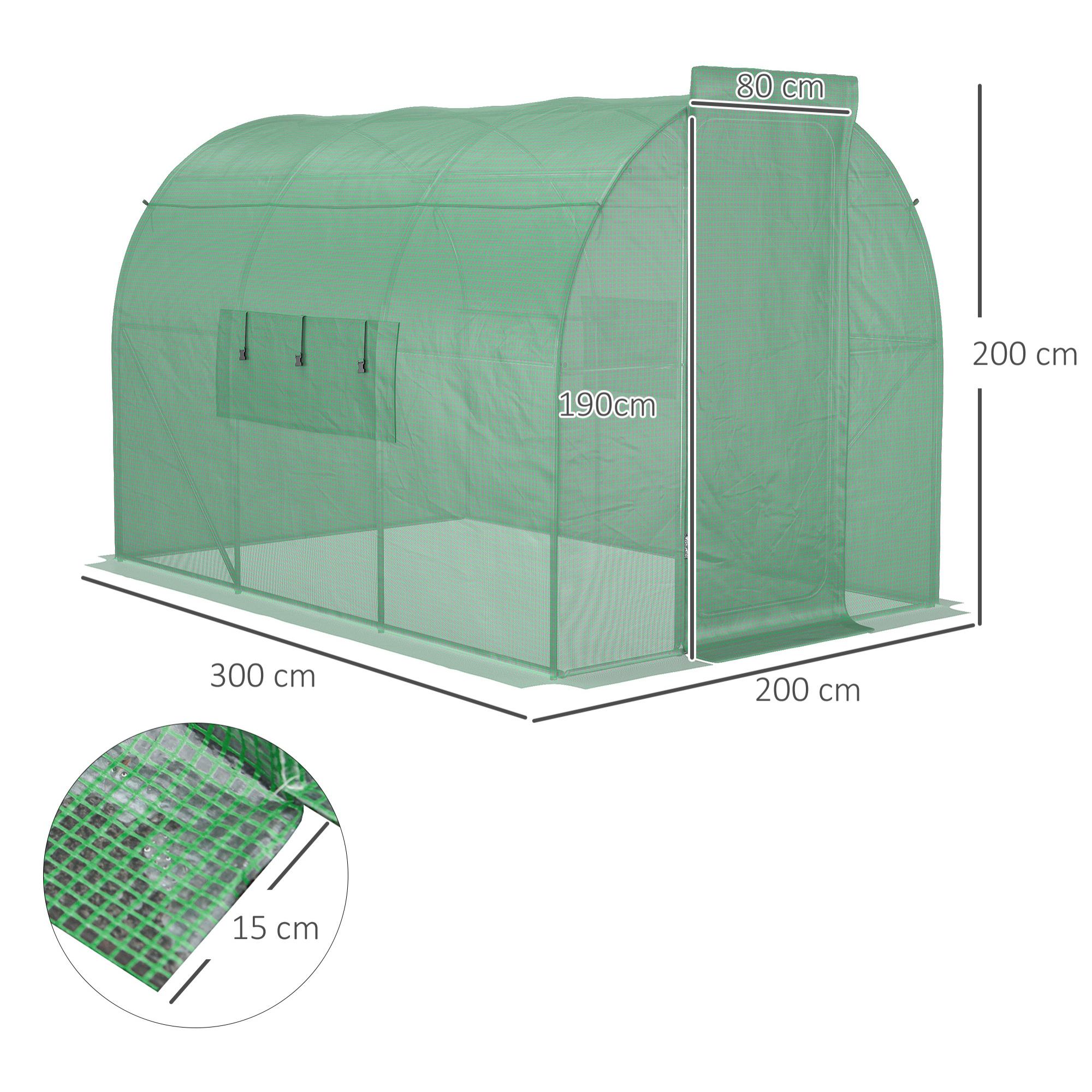 Invernadero de Túnel 3x2x2 m con Puerta y Ventanas Función de Drenaje Invernadero de Jardín Grande con Cubierta de PE y Metal Galvanizado para Cultivos Plantas Verduras Verde