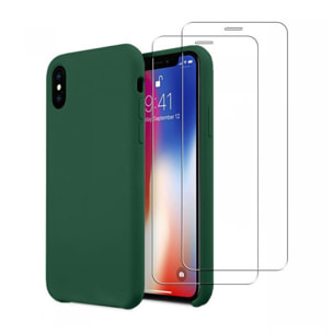 Coque iPhone X/XS Silicone liquide Vert Foret + 2 Vitres en Verre trempé Protection écran Antichocs