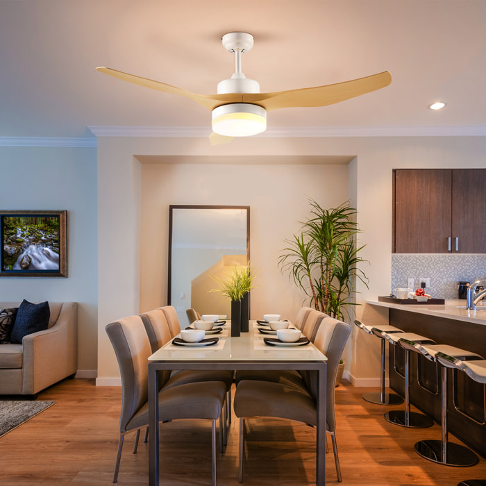 Ventilador de Techo con Luz LED Motor DC 20,5W con Mando a Distancia Ajustable de 3 Niveles 3 Aspas Reversibles 6 Velocidades y Temporizador Ø132x40 cm Natural