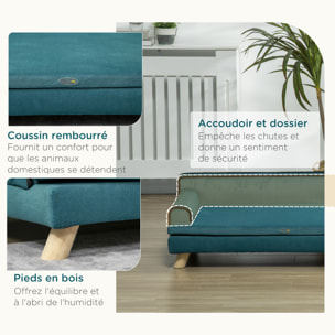 Canapé chien lit pour chien design scandinave coussin moelleux piètement bois dim. 100L x 62l x 32H cm polyester bleu canard