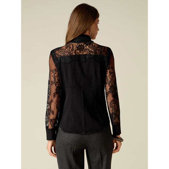 Oltre - Camicia in denim e pizzo - Nero