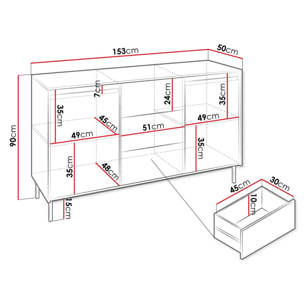 Girona - buffet bas - blanc - 3 tiroirs et 2 portes - 153 cm - Blanc