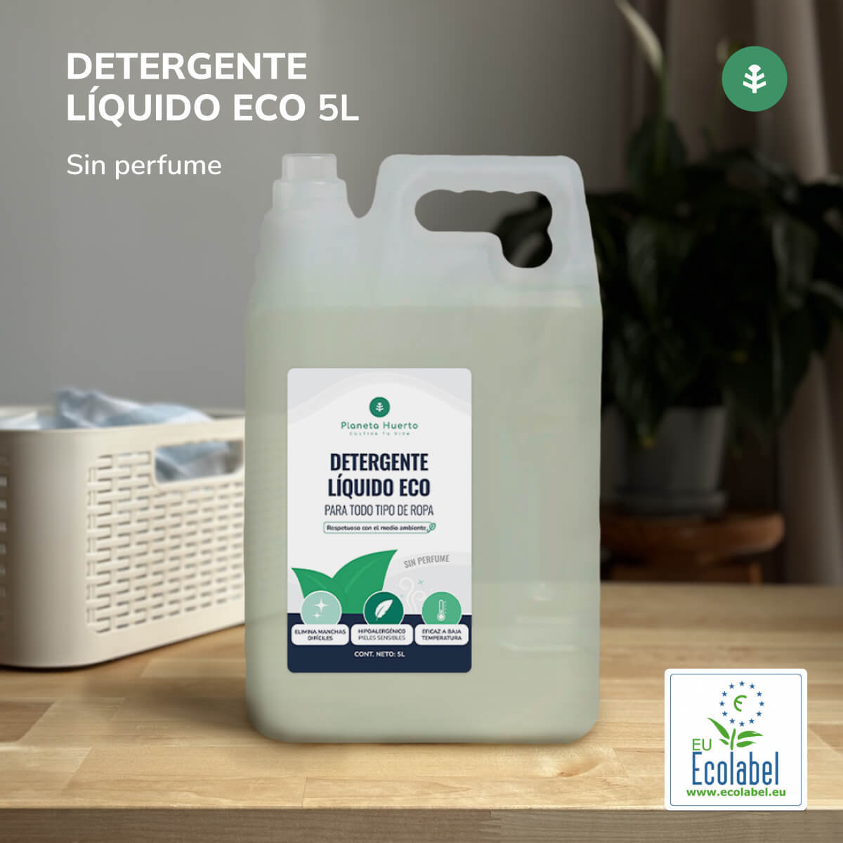 PLANETA HUERTO | Detergente Líquido Ropa ECO 5 Litros Ecológico y eficaz para todo tipo de prendas - Elimina las manchas más difíciles - Cuida y protege la ropa