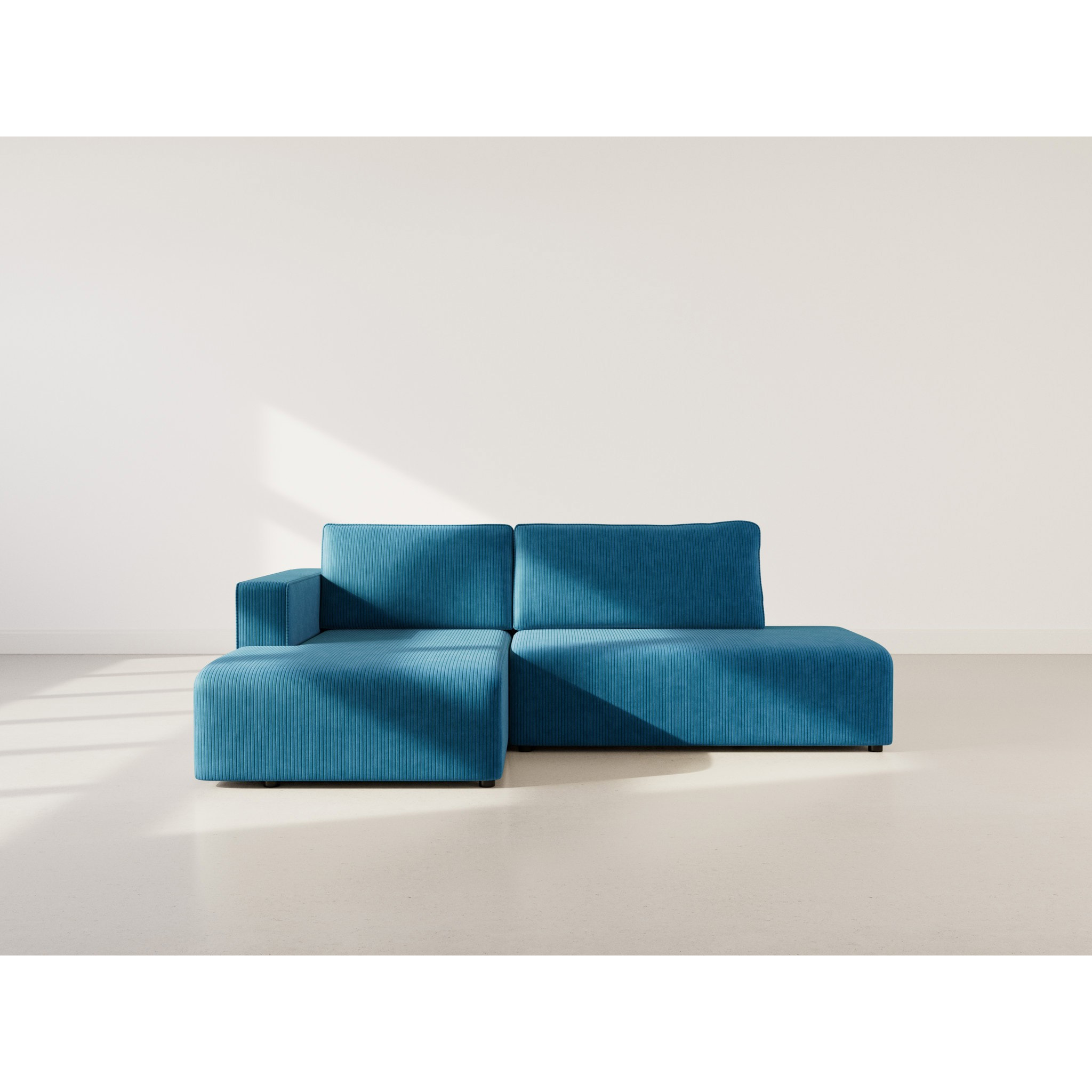 Topaze - canapé d'angle gauche 4 places convertible avec coffre en velours côtelé - Bleu