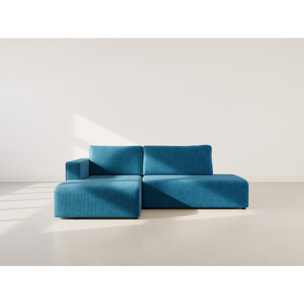 Topaze - canapé d'angle gauche 4 places convertible avec coffre en velours côtelé - Bleu