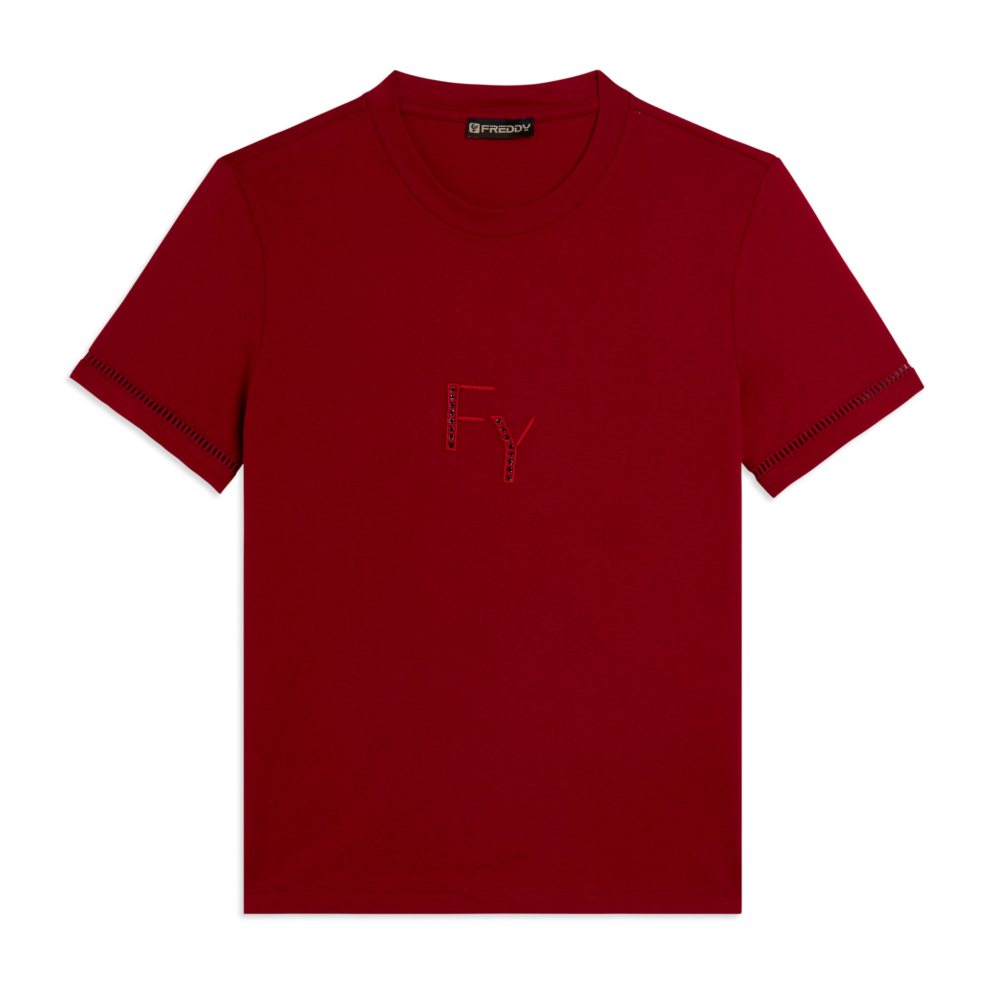 T-shirt Girocollo con Ricamo Traforato del Logo