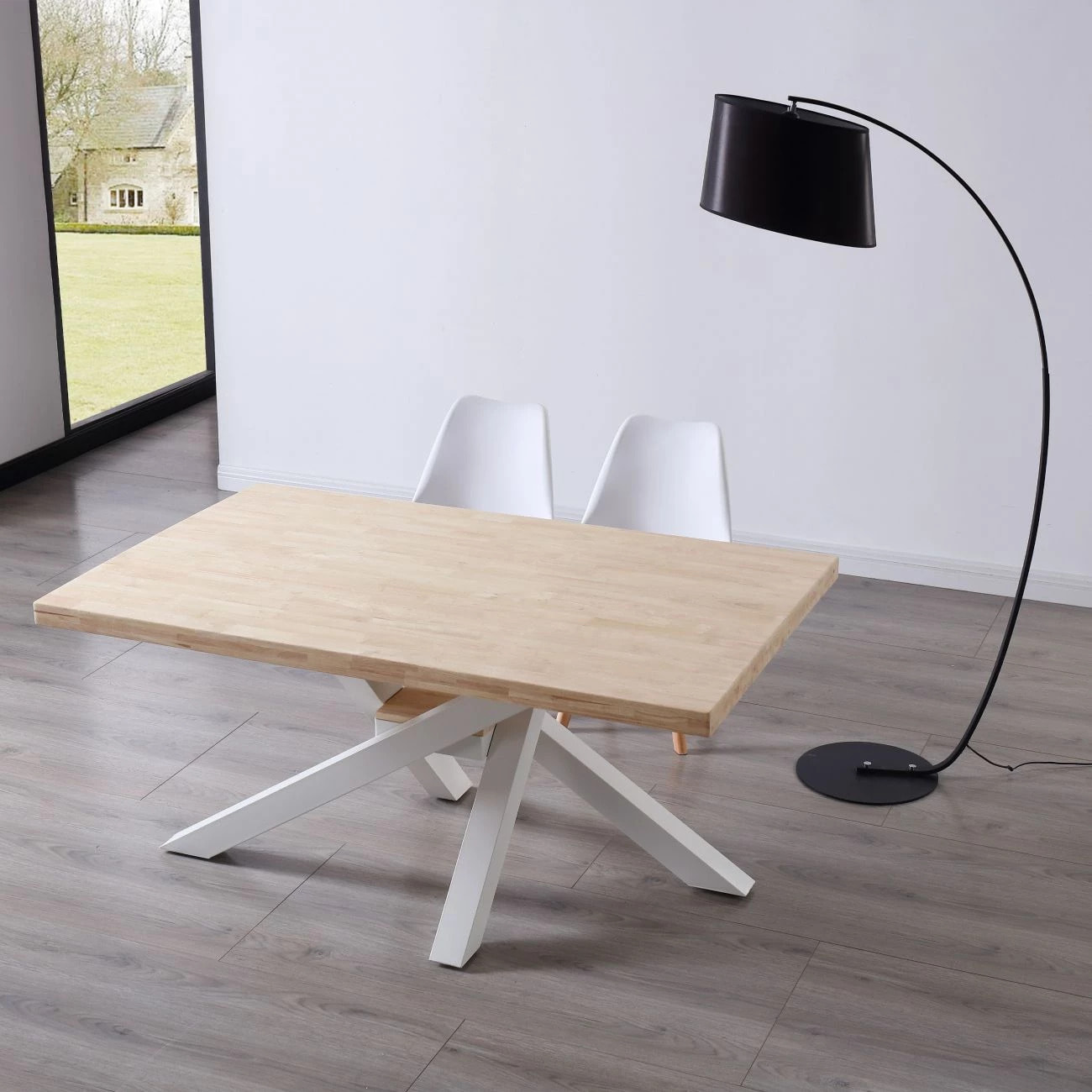 Mesa de comedor fija con patas metálicas en blanco y roble 160x100 cm Xena Roble - Blanco