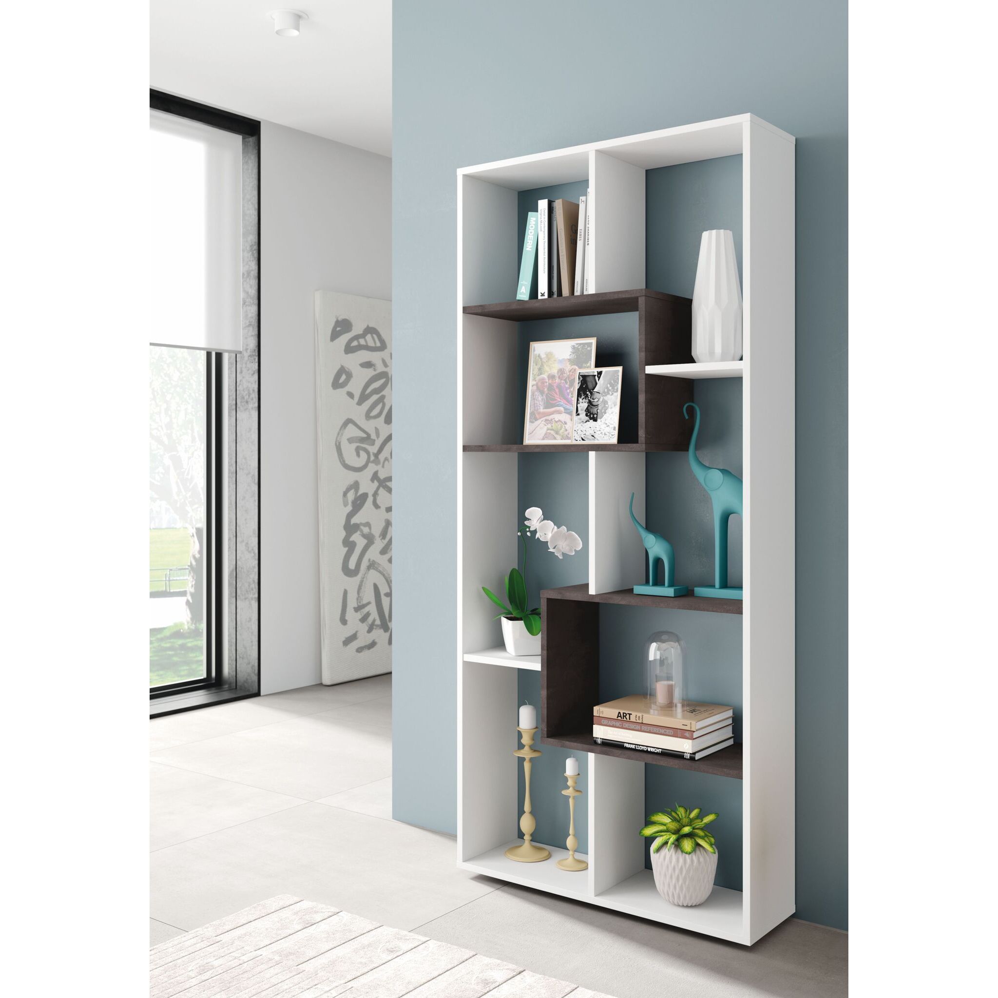 Libreria 8 Scomparti Reversibile Verticale o Orizzontale Scaffale Da Parete Divisorio Mobile Mobiletto Moderno Soggiorno 180x80x25 Cm Bianco e Ossido