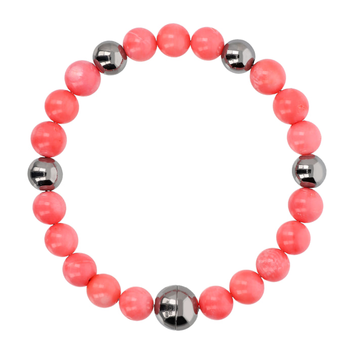 Bracciale di Sfere Argentate e in Pietra Naturale Corallo Rosa in Argento 925 placcato Rodio