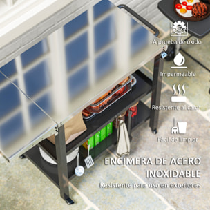Carrito de Parrilla de 3 Niveles Carrito de Barbacoa Carro de Servicio con Ruedas Estantes Encimera de Acero Inoxidable Lateral Plegable y Asa Mesa de Horno de Pizza para Jardín Patio Negro
