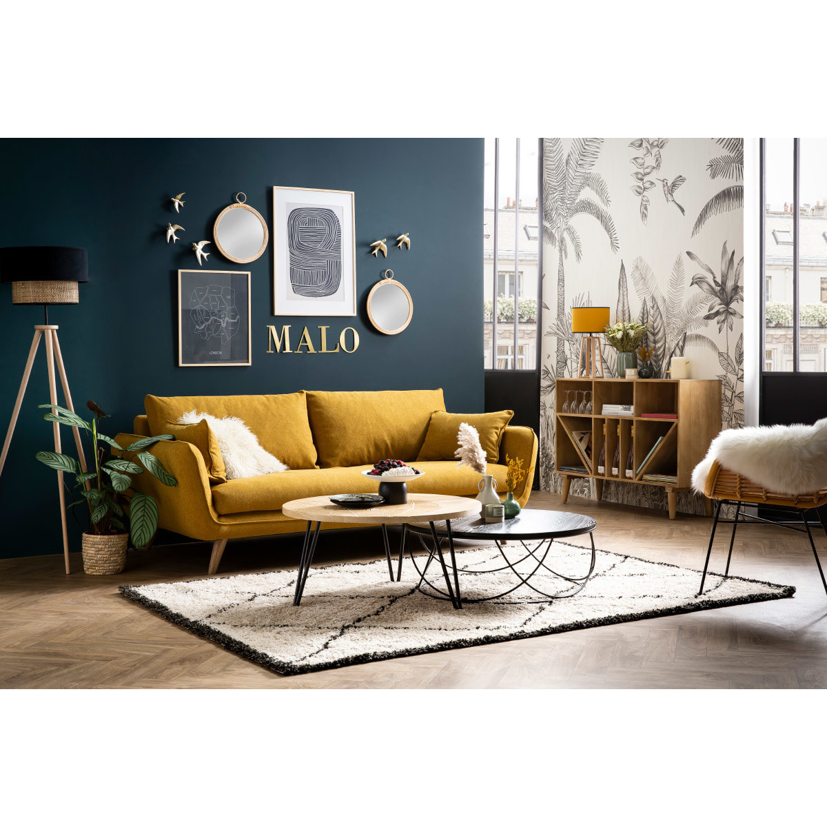 Canapé scandinave 3 places en tissu gris anthracite et bois clair CREEP