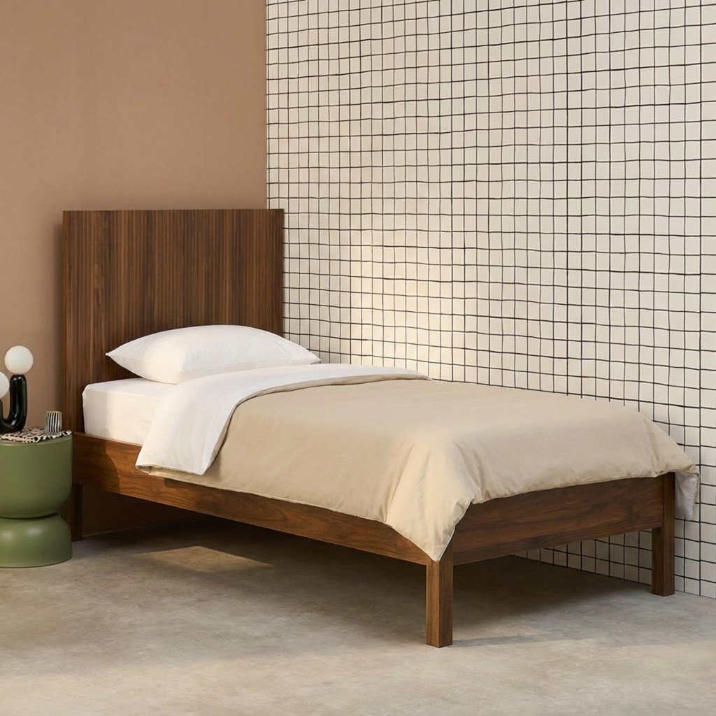 Lit avec sommier à lattes et tête de lit 90x190cm décor bois LINEAR