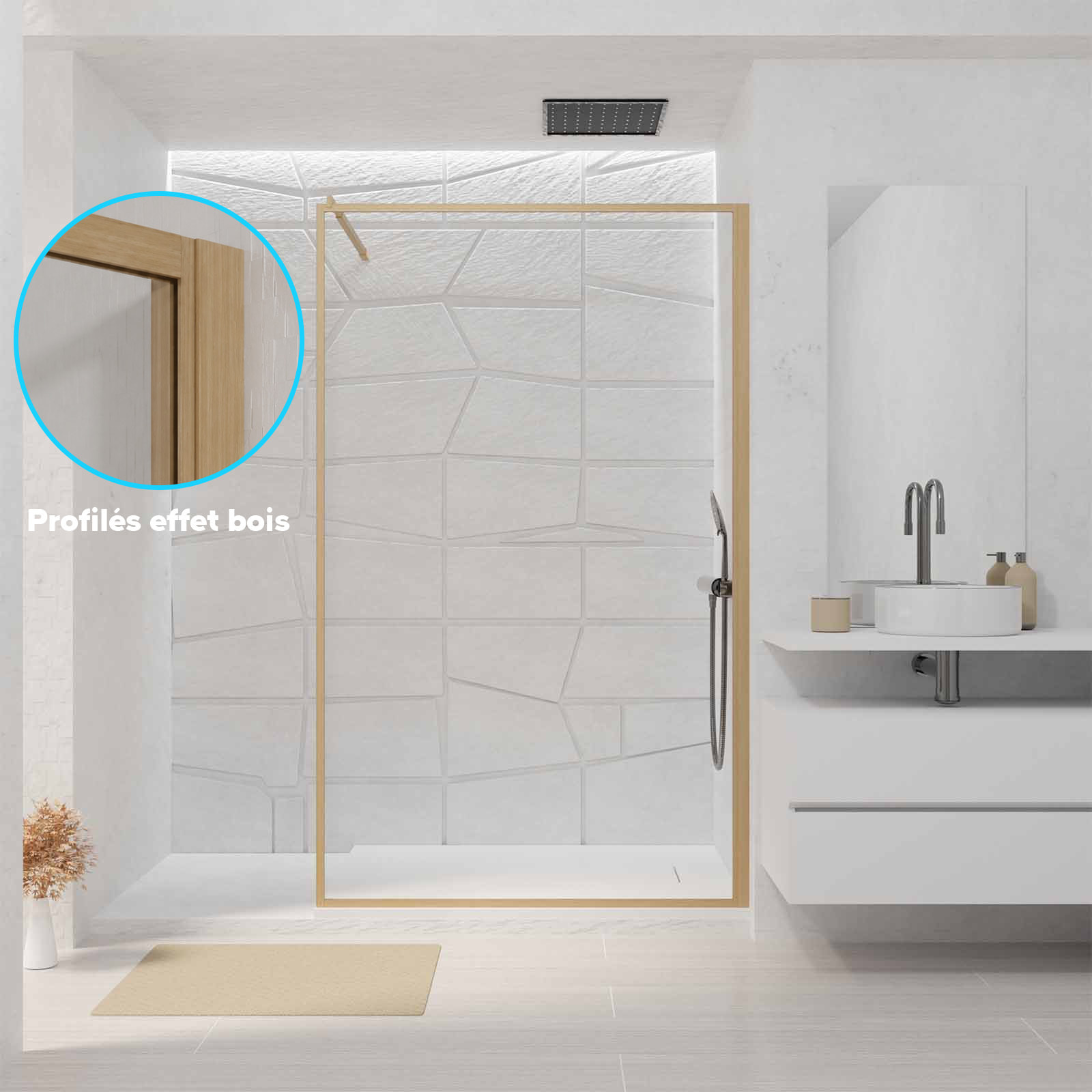 Paroi de Douche 140x200 cm - Cadre et Bras Aluminium Décor Bois - WOODEN CONTOURING