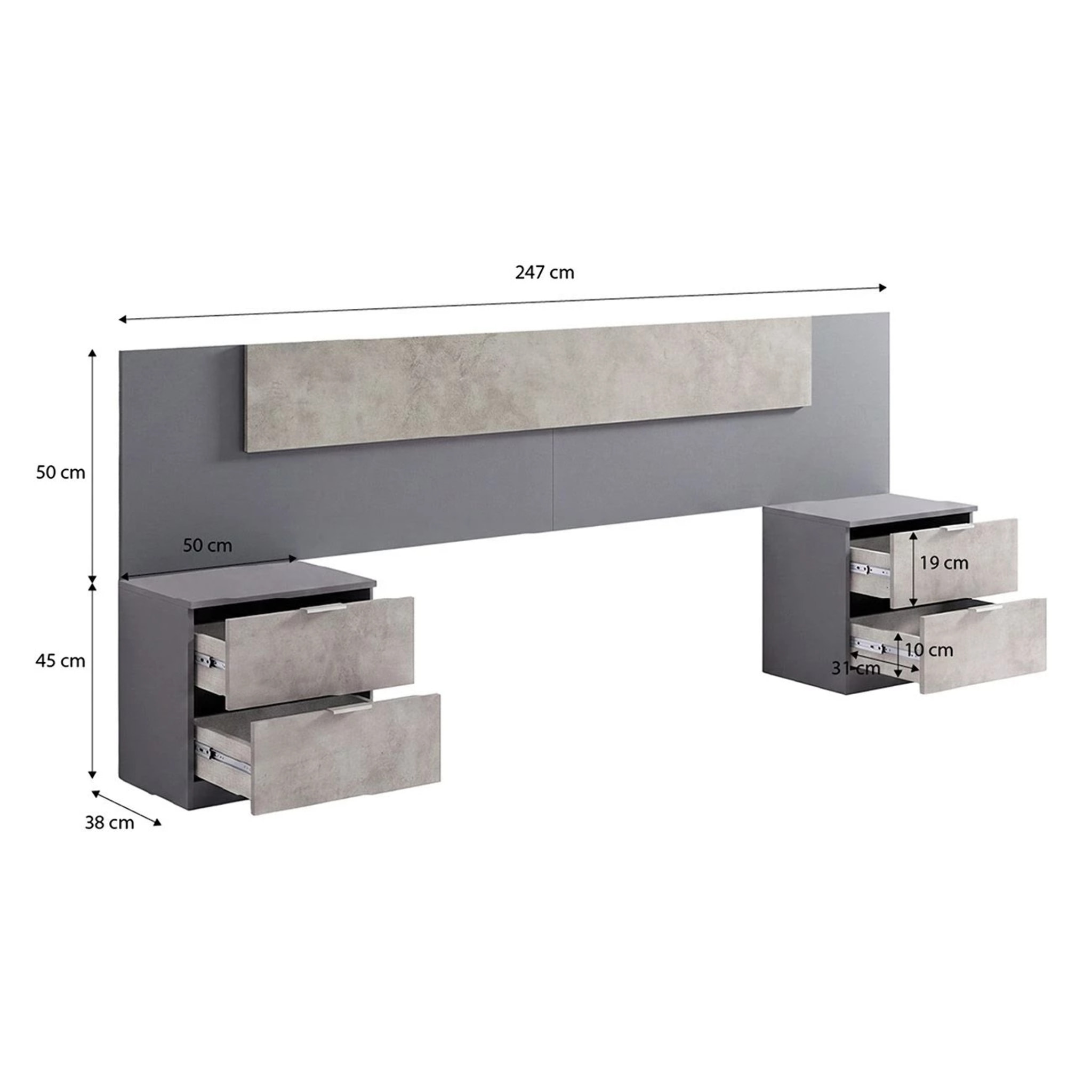 Cabecero para cama de 135-150 cm y 2 mesitas con cajones en gris grafito y gris cemento Akari Gris Grafito - Gris Cemento