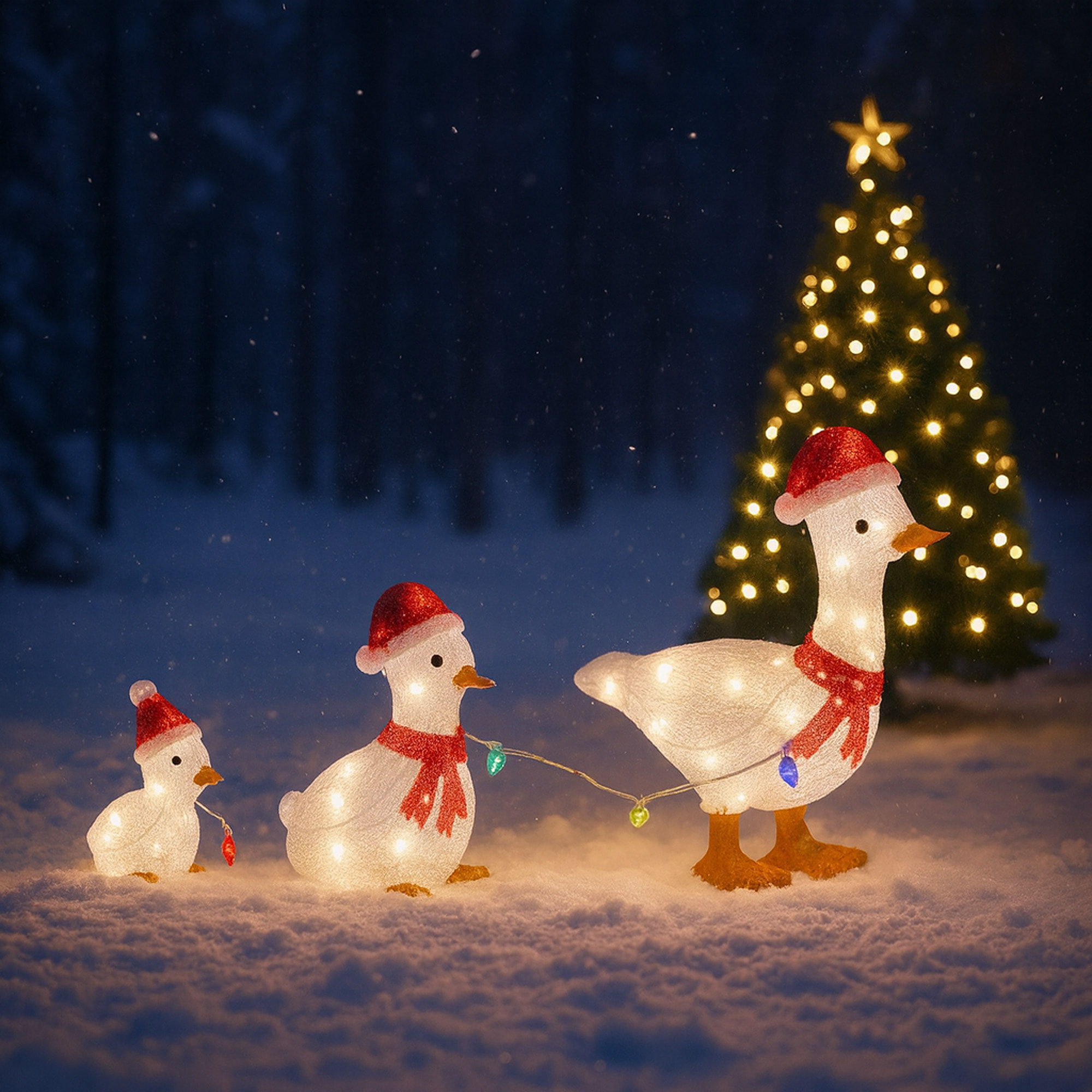 Set de 3 patos decorativos navideños con luces led blancas y temporizador