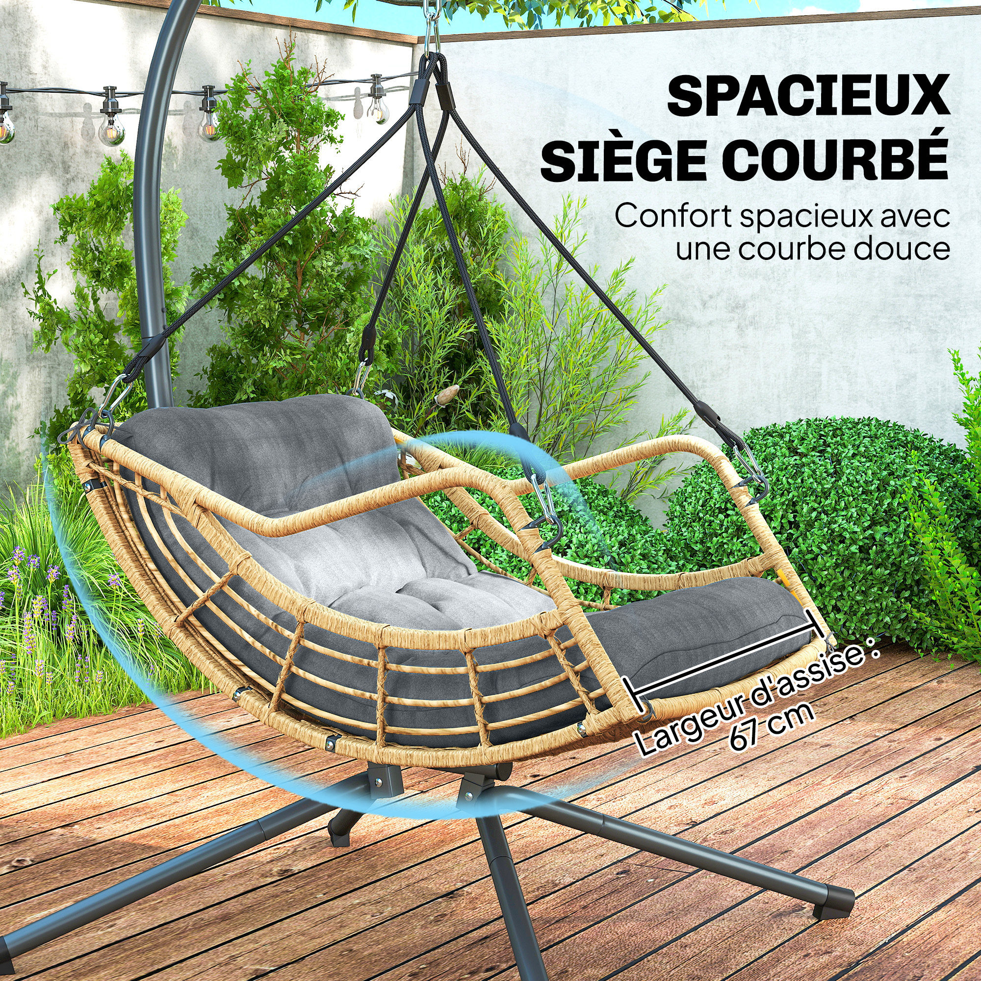 Fauteuil suspendu design résine tressée avec support acier et épais coussin gris