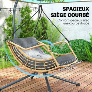 Fauteuil suspendu design résine tressée avec support acier et épais coussin gris