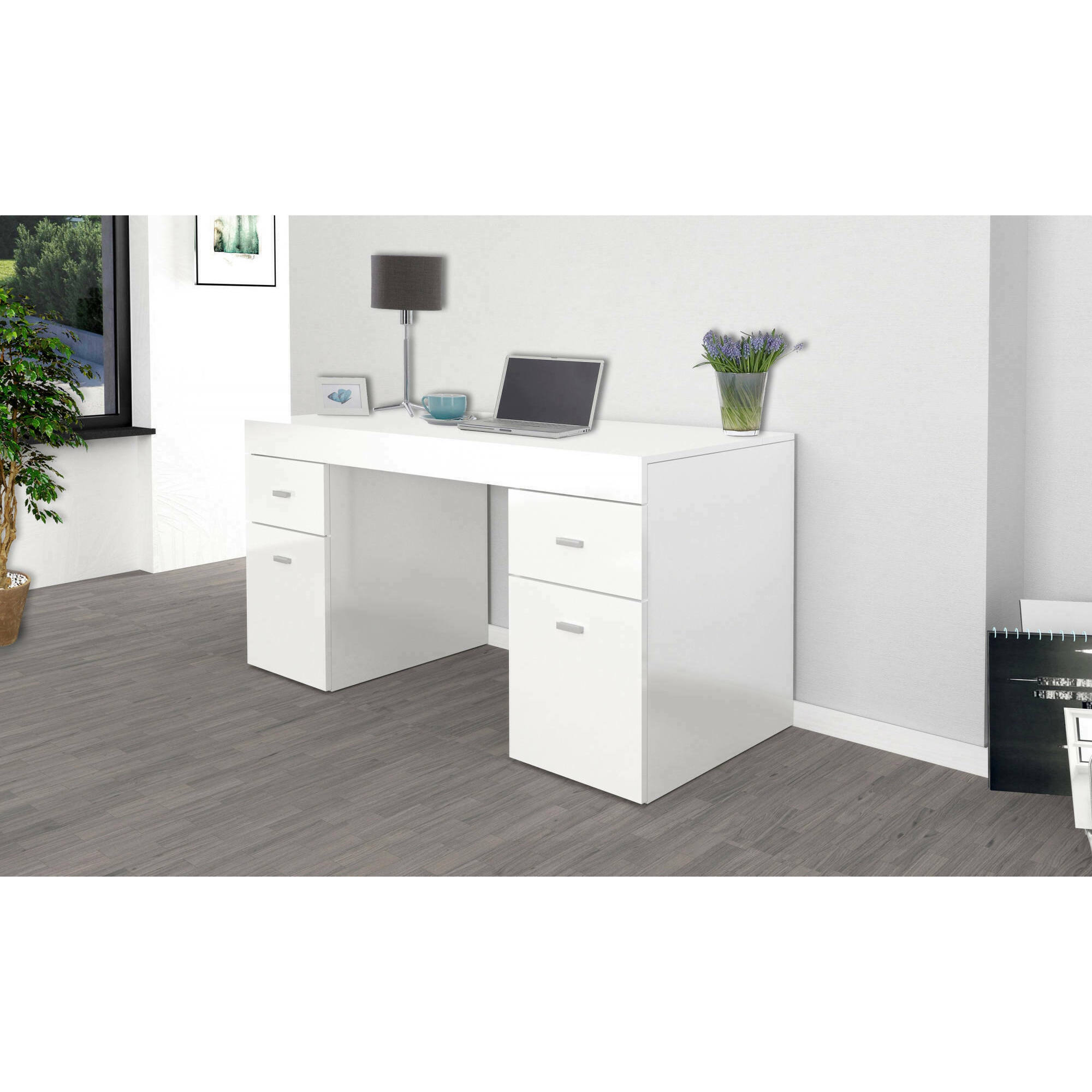 Scrivania per ufficio con cassettiera e piano contenitore, Made in Italy, Tavolo minimal, Scrittoio porta PC, cm 130x60h75, colore Bianco lucido