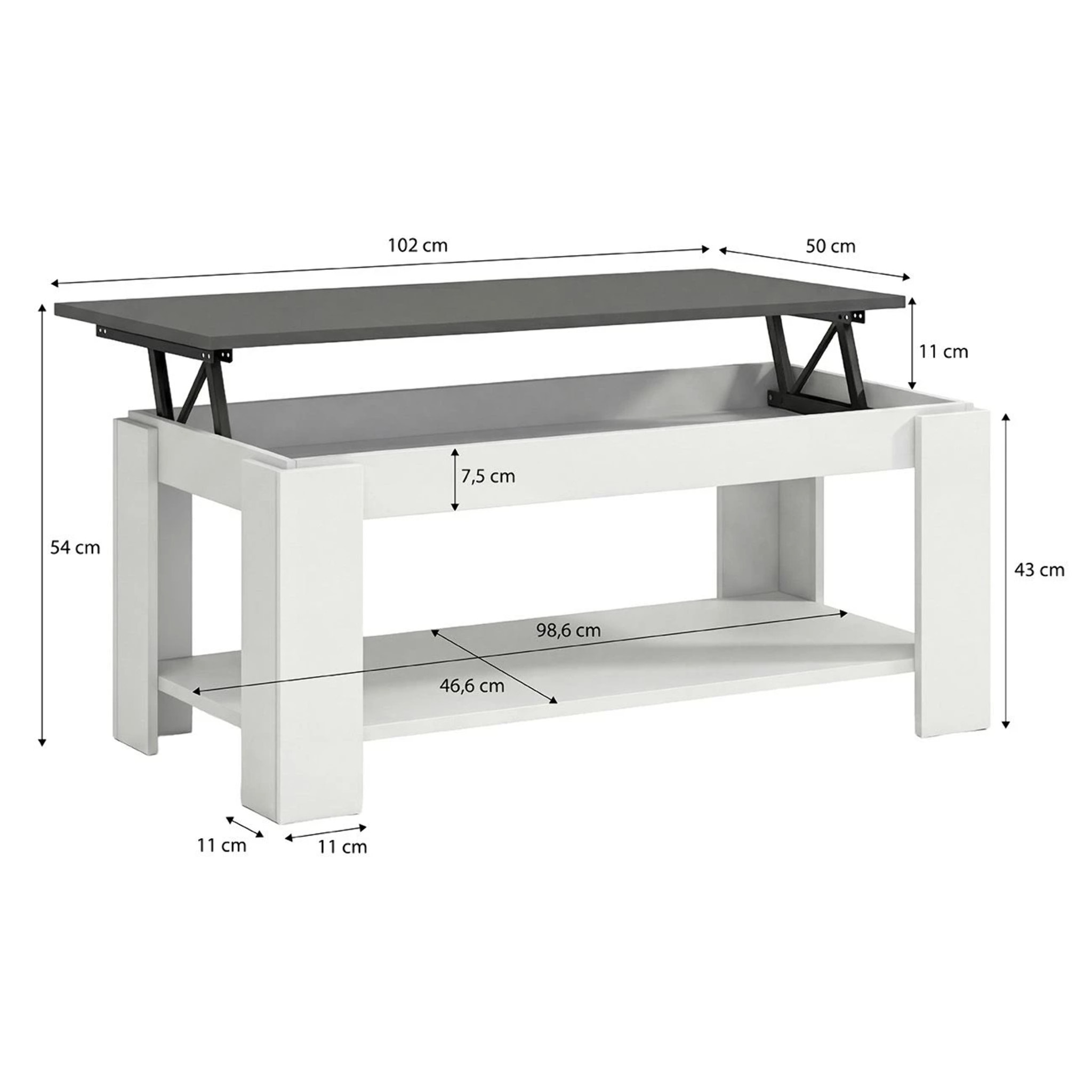 Mesa de centro elevable con almacenaje en blanco mate y gris grafito 102x43-54 cm Lya Blanco Artik (Blanco Mate) - Gris Grafito