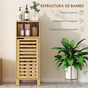 Armario de Baño de Bambú, Columna de Baño Estrecha con Estante Abierto, Puerta de Lamas, Estante Ajustable, 30x30x80 cm, Natural