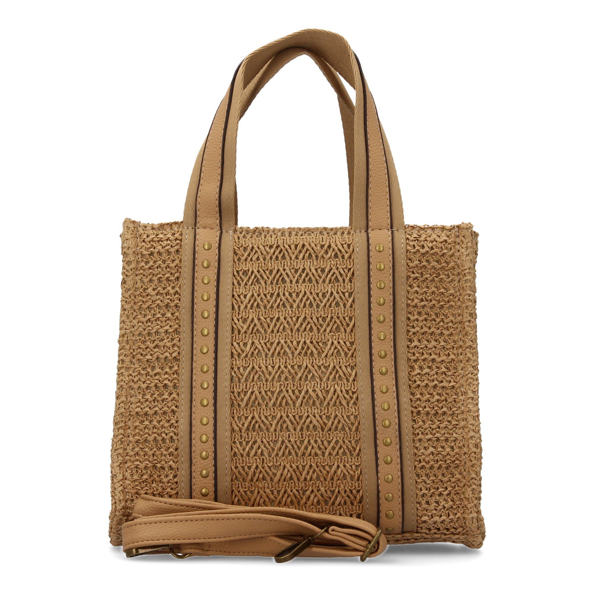 Bolso de hombro para mujer de rafia, diseño moderno con adornos metalicos.