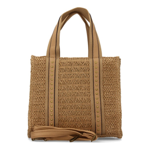 Bolso de hombro para mujer de rafia, diseño moderno con adornos metalicos.