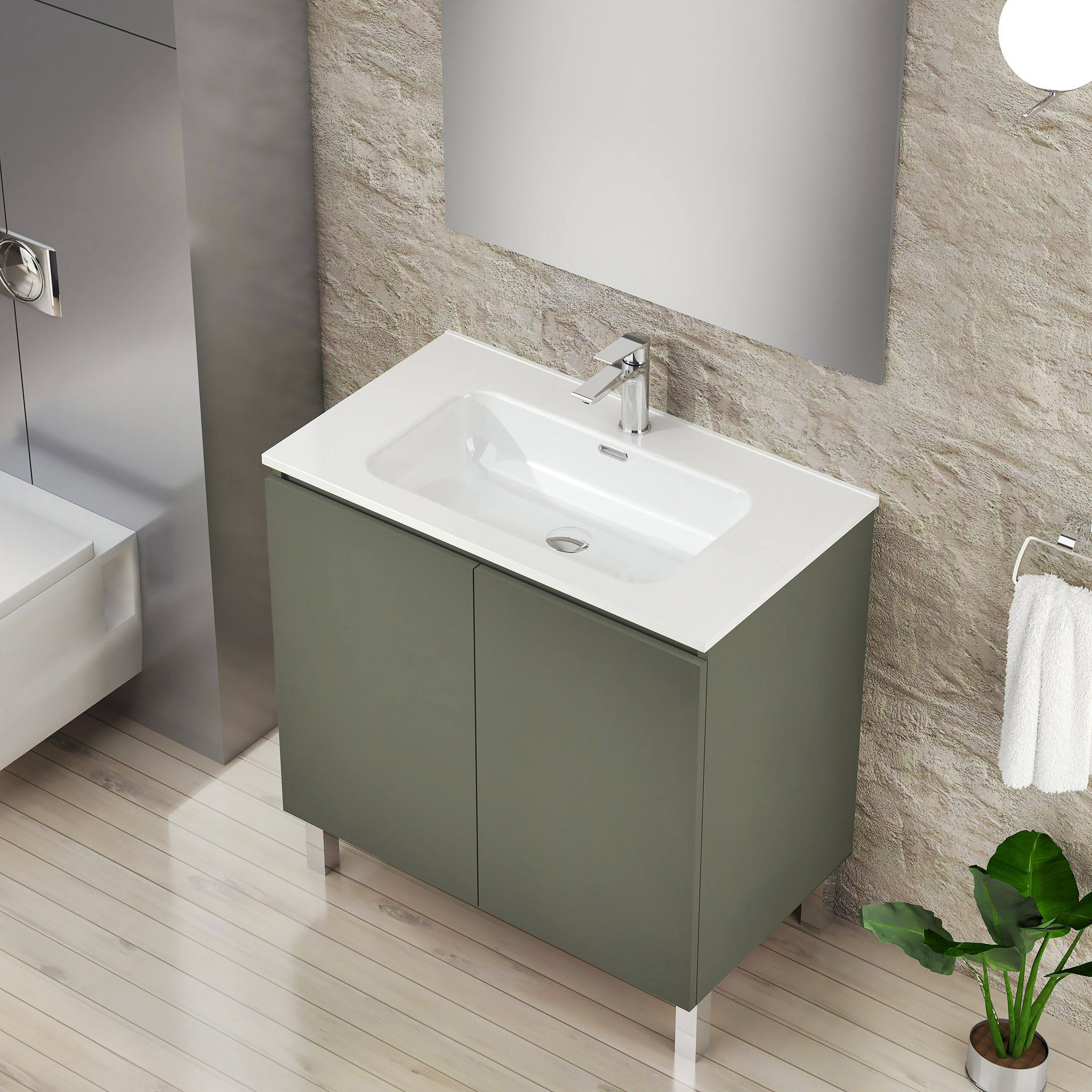Ensemble de Salle de Bain Lust | 80 cm Vert | Deux Portes | Lavabo Encastré | N'inclut pas le Miroir | Meuble Assemblé | Alday