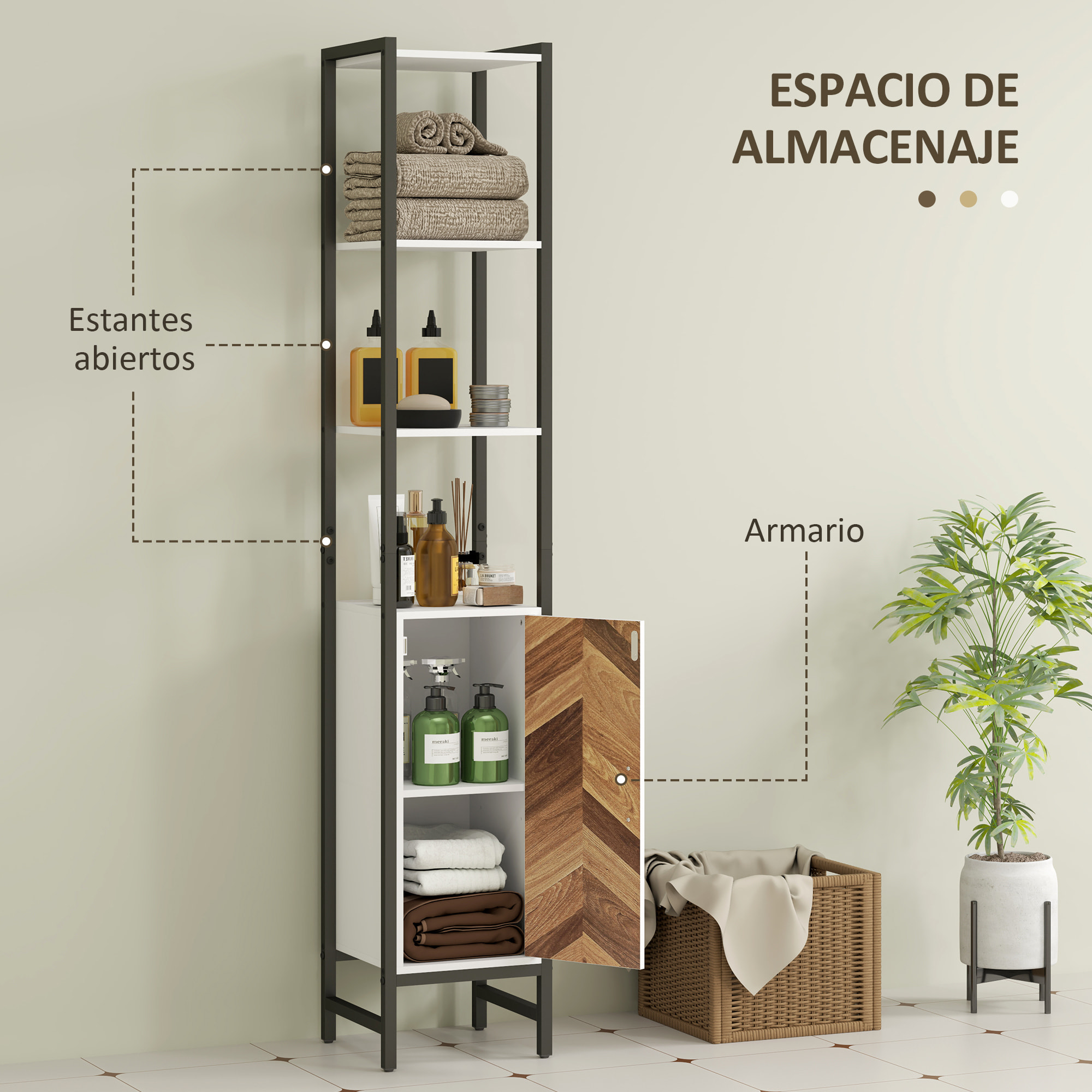 Columna de Baño Armario Alto de Baño con 3 Estantes Abiertos 1 Puerta y Estante Ajustable Mueble Auxiliar de Baño con Sistema Anti-vuelco 30x30x170 cm Blanco y Nogal