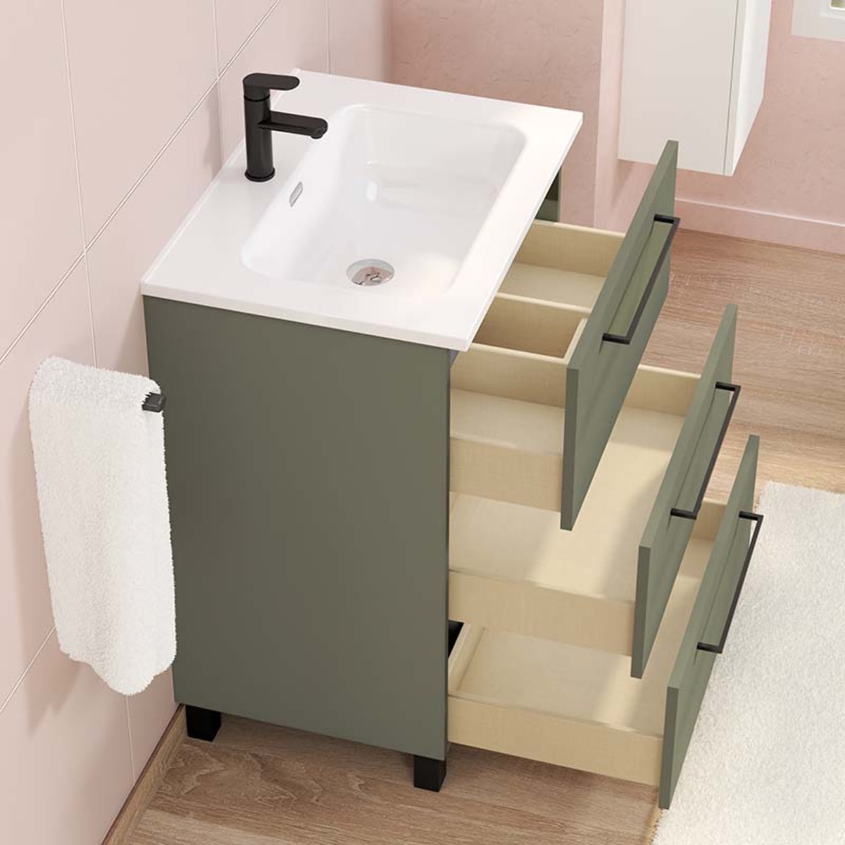 Conjunto de baño Haru | Mueble de baño con patas | 60 cm Verde Musgo| Tres cajones | Lavabo encastrado | No incluye espejo | Alday