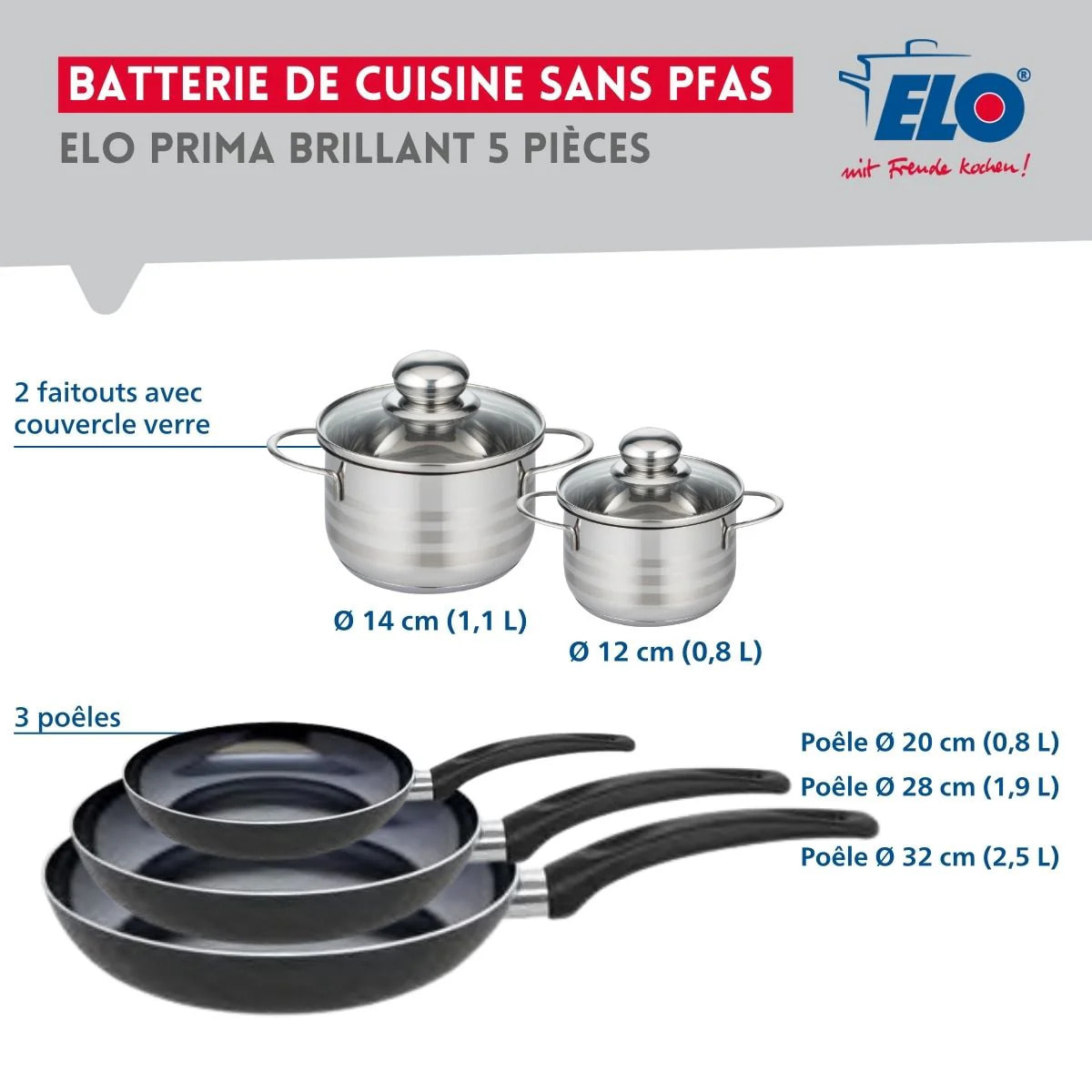 Ensemble de 3 Poêles de cuisson 20, 28 et 32 cm et 2 faitouts 12 et 14 cm Elo Prima Brillant