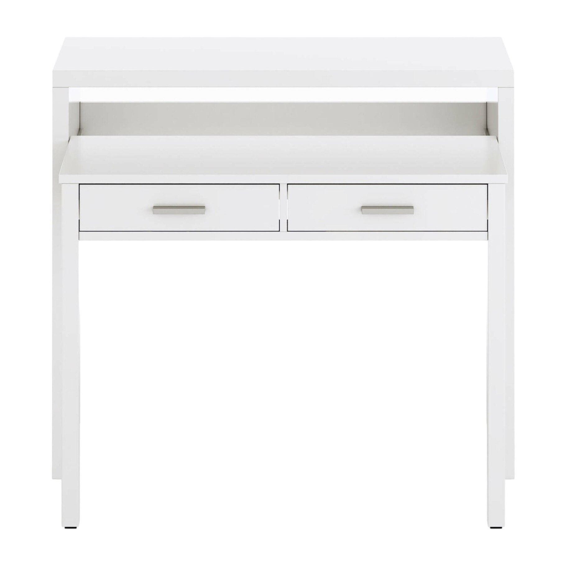 Consolle Billings, Scrivania con piano estensibile, Scrittoio porta PC con 2 cassetti, cm 99x36h88, Bianco