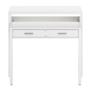 Consolle Billings, Scrivania con piano estensibile, Scrittoio porta PC con 2 cassetti, cm 99x36h88, Bianco