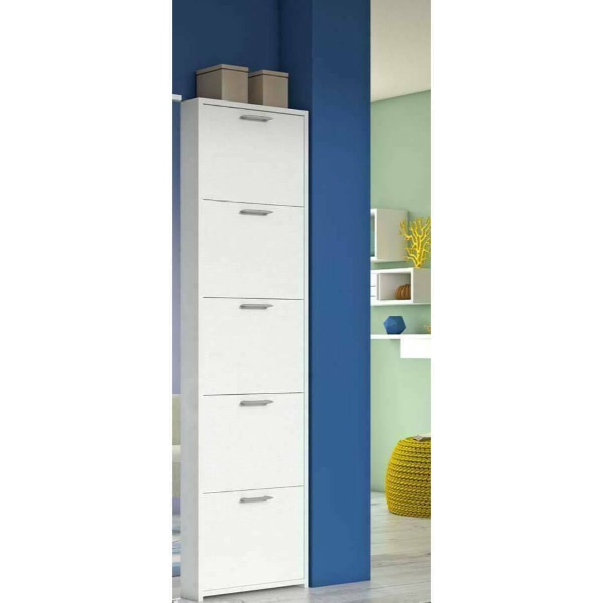 Scarpiera Dafne, Mobile multiuso da ingresso a 5 ante, Armadio moderno portascarpe a ripiani, 100% Made in Italy, Cm 50x18h178, Bianco