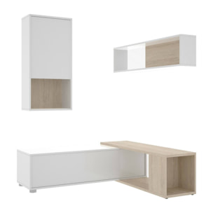 Parete attrezzata Denali, Set da soggiorno modulare ad angolo, Mobile salotto multiposizione, 230x41h180 cm, Bianco e Rovere