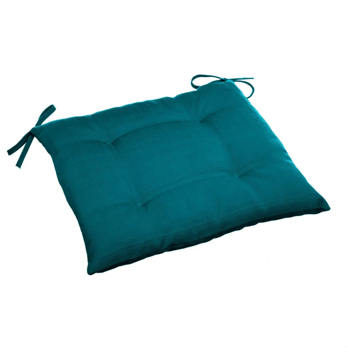 Galette de chaise carrée 4 points "Korai" bleu canard 40x40x4cm en polyester