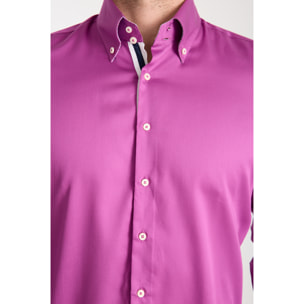 Camicia Uomo 2 Bottoni Button Down Slim Satin Unito Viola Ciclamino