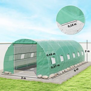 Invernadero de Exterior Invernadero de Túnel 8x3x2 m Invernadero de Jardín con 12 Ventanas y Puerta Enrollable para Cultivo Plantas Tomates Verduras Acero y PE 140 g/m² Verde
