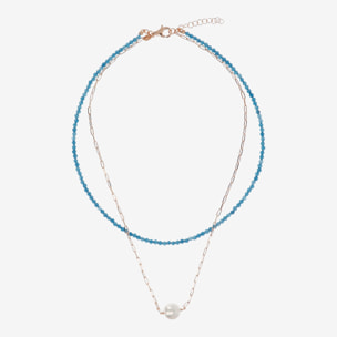 Doppia Collana Girocollo con Quarzite Blu e Maglia Forzatina con Perla Ming Bianca Ø 11 mm in Argento 925 placcato Oro rosa 18Kt