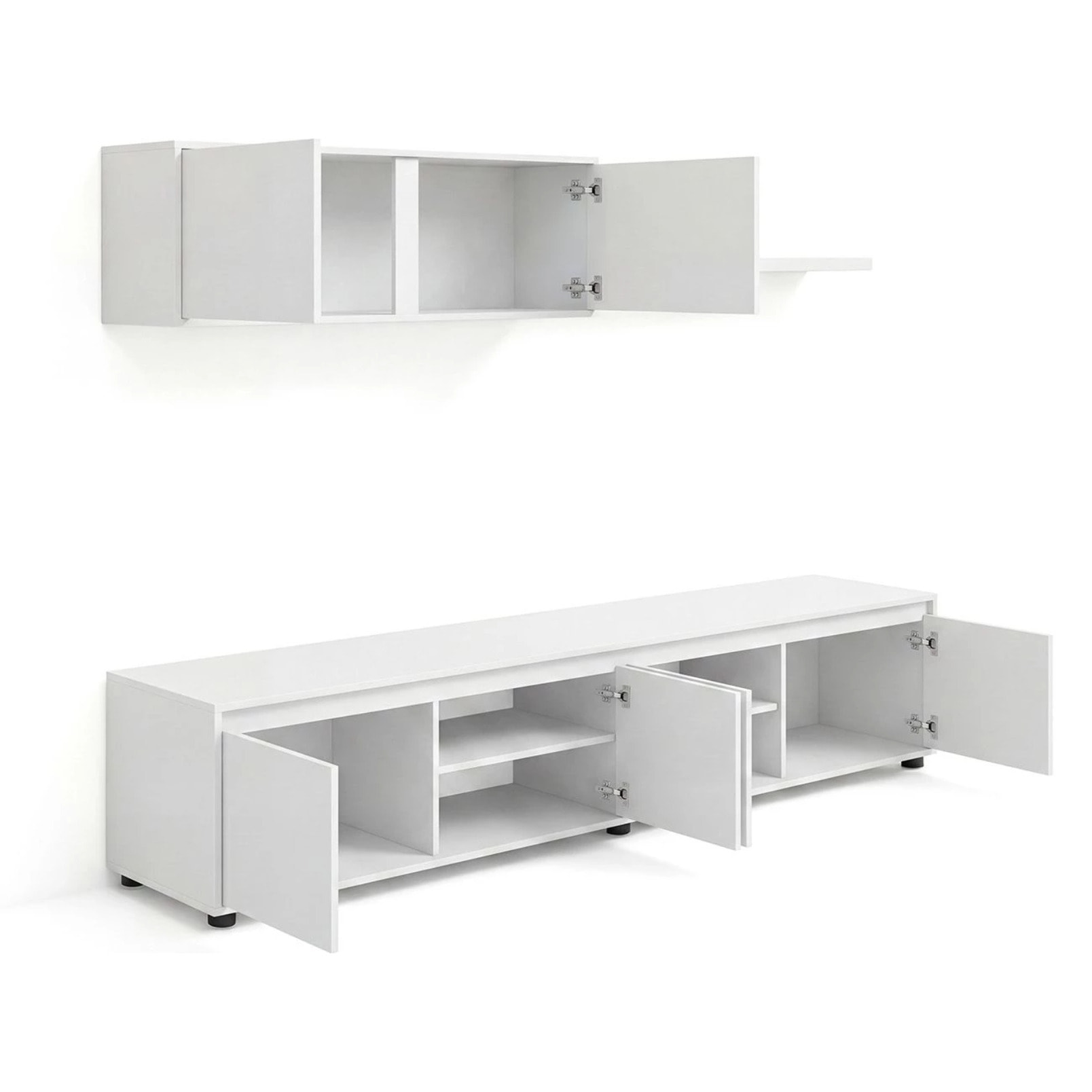 Salón con mueble de TV y estantería en blanco artik 200 cm Arlet Blanco Artik (Blanco Mate)