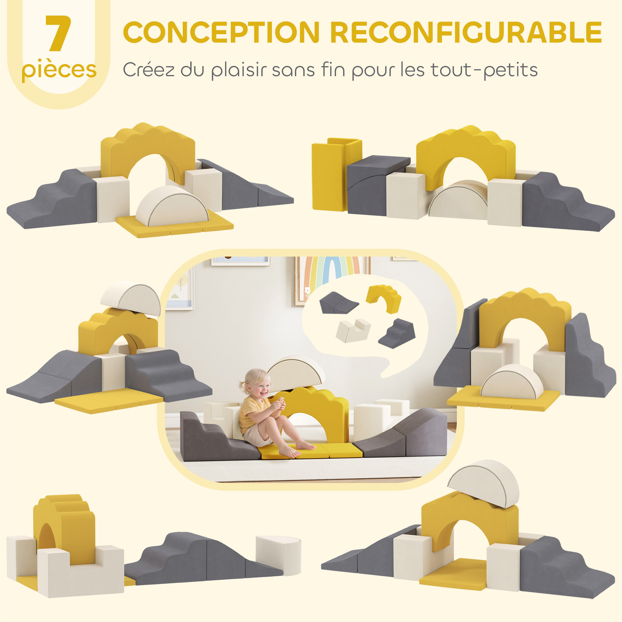 Parcours motricité bébé modulable 7 pièces zippées déhoussables velours multicolore