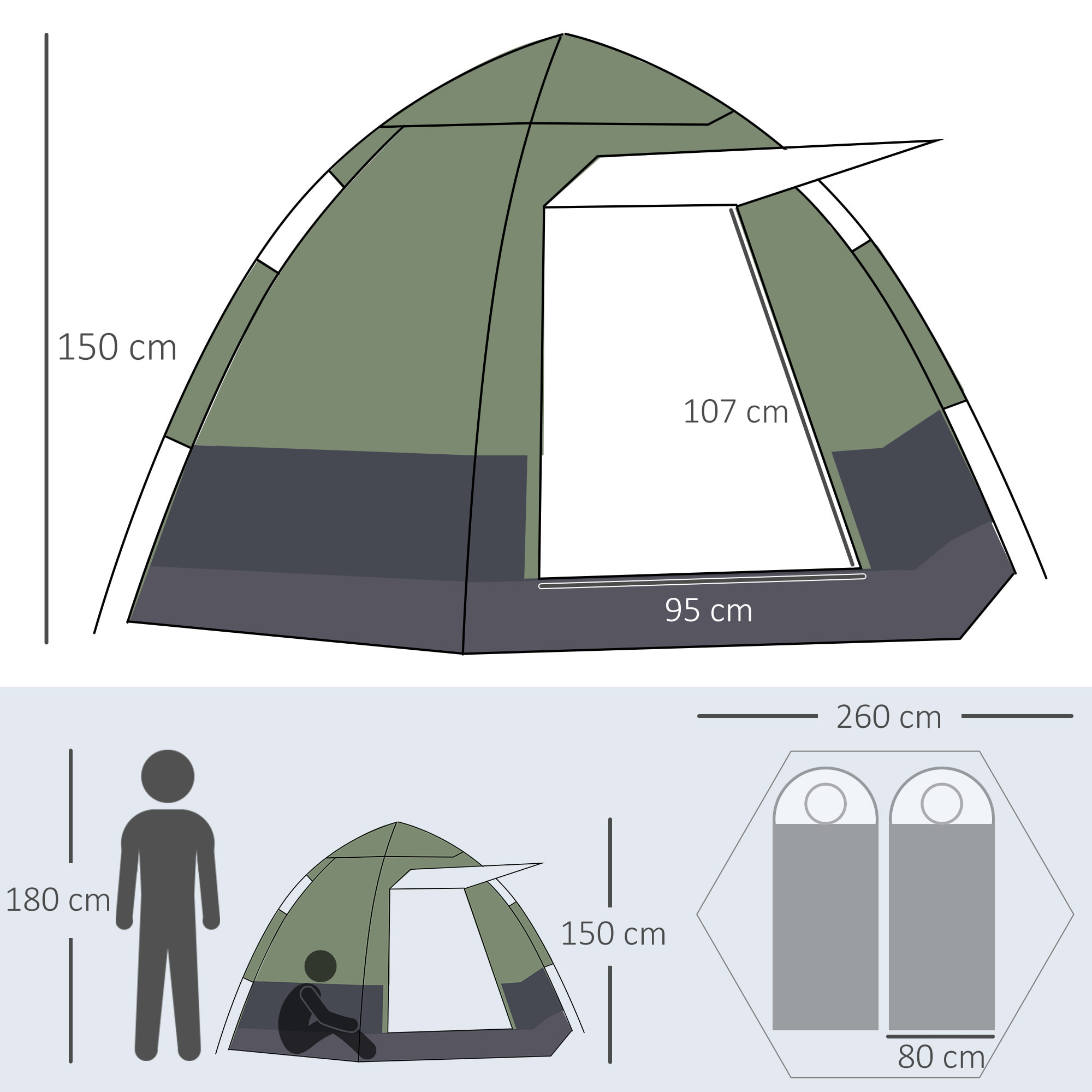 Tente pop up montage instantané - tente de camping 3-4 pers.  - 2 grandes portes - dim. 2,6L x 2,6l x 1,5H m fibre verre polyester oxford vert gris