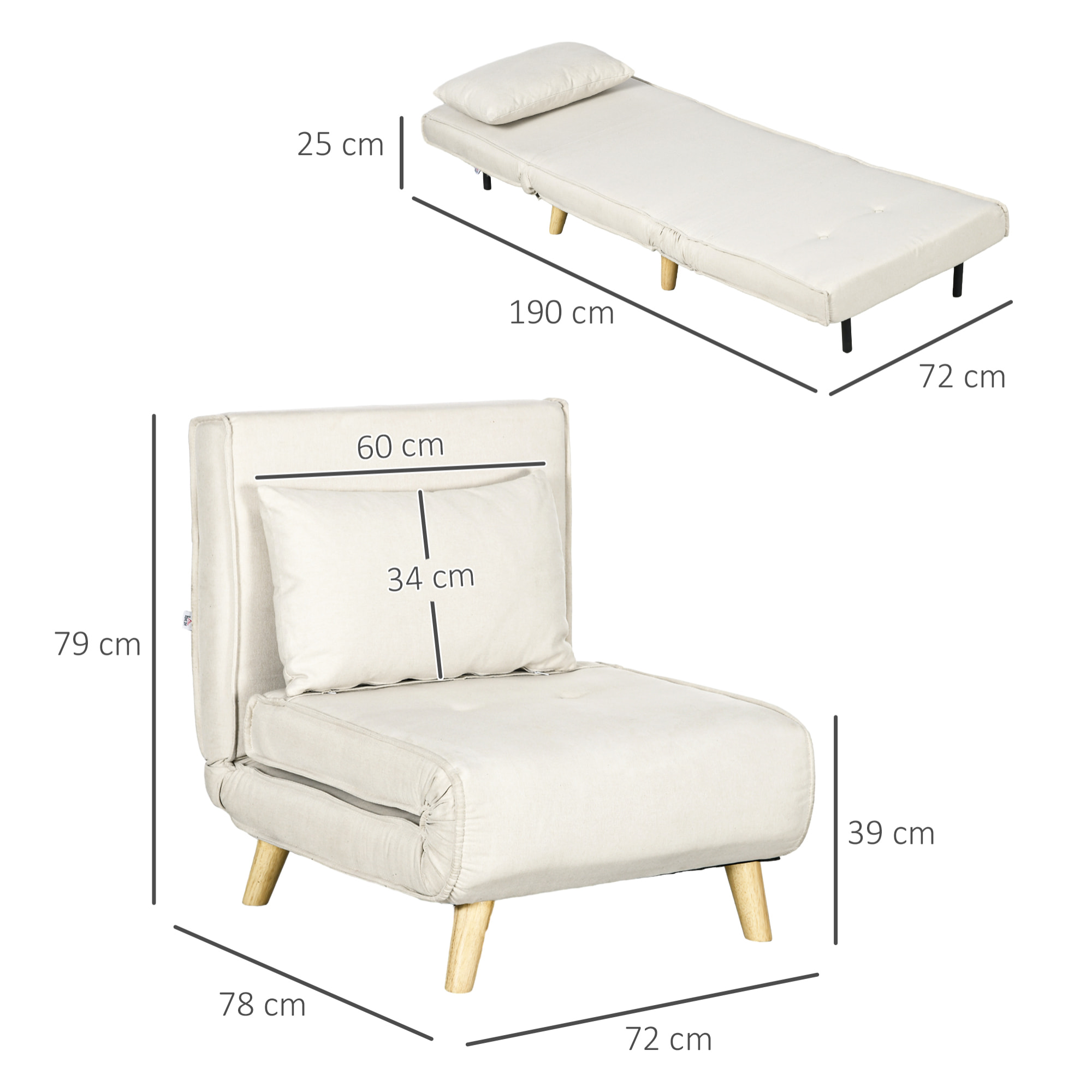 Sofá Cama de 1 Plaza 2 en 1, Sillón Cama Plegable Tapizado en Lino Sintético, con Respaldo Ajustable en 6 Niveles, Almohada, Patas de Madera, para Oficina, Dormitorio, Salón, 72x78x79 cm, Crema