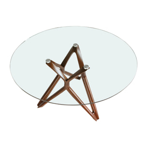 Mesa comedor redonda con tapa de cristal templado y patas en madera maciza de fresno en nogal 130x130x75cm