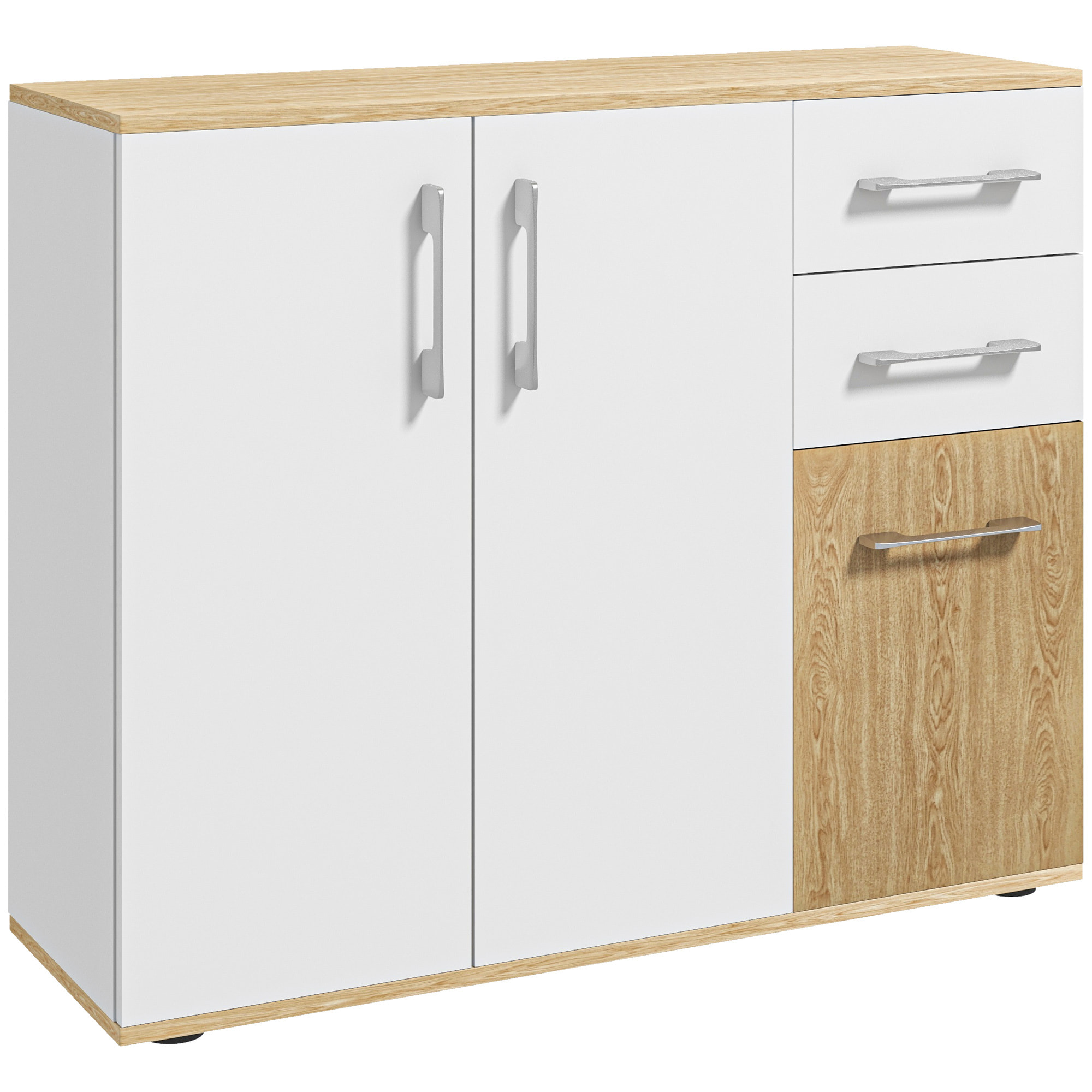 Buffet rangement 3 portes étagère 2 tiroirs coulissants panneaux aspect bois clair blanc