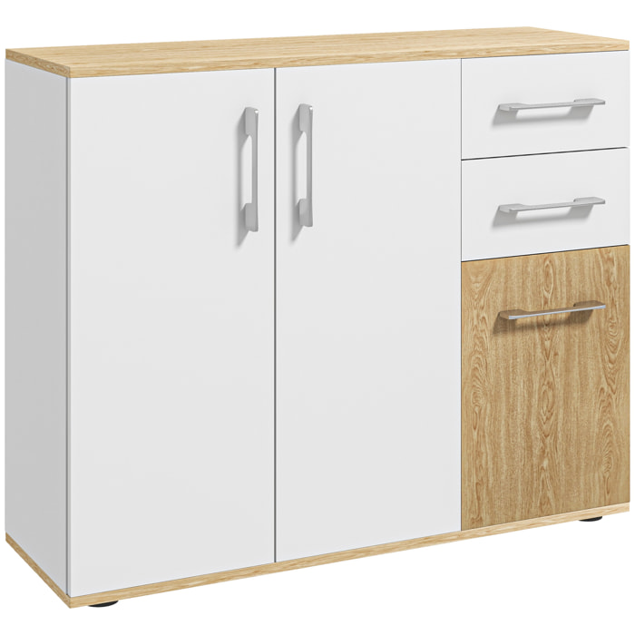 Buffet rangement 3 portes étagère 2 tiroirs coulissants panneaux aspect bois clair blanc
