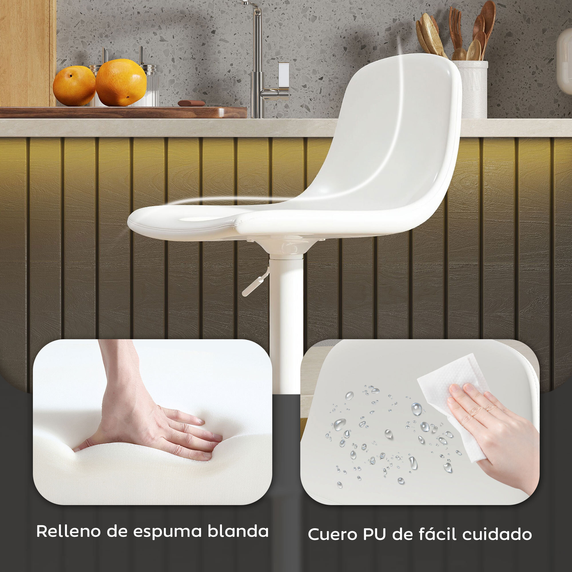 Juego de 2 Taburetes de Bar Taburetes Altos de Cocina Regulable en Altura 84-104 cm con Respaldo y Reposapiés Tapizado en PU Giratorio en 360° para Comedor Mostrador Blanco