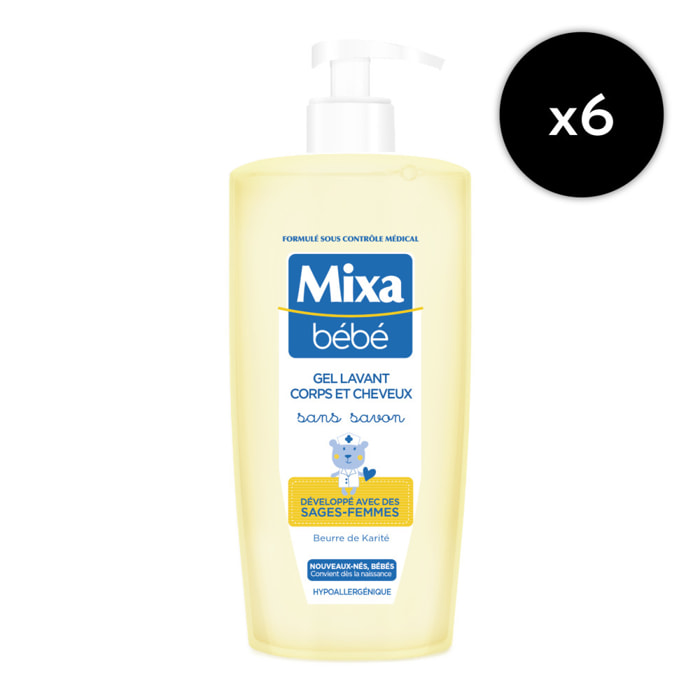 Lot de 6 - Mixa Bébé Gel lavant corps et cheveux Sans savon 750ml